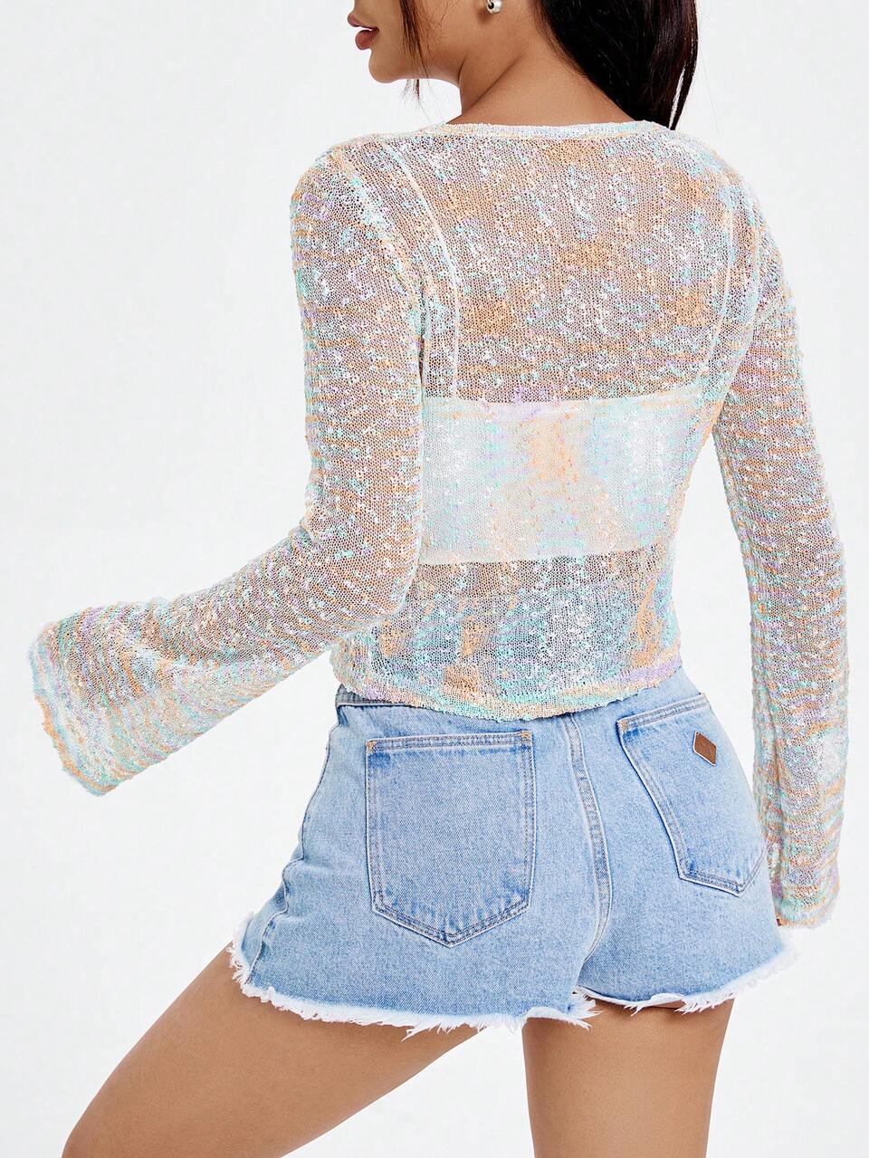 Casual Space Dye Blended Fabric Perspective Style Tie Front Y2k Cardigan