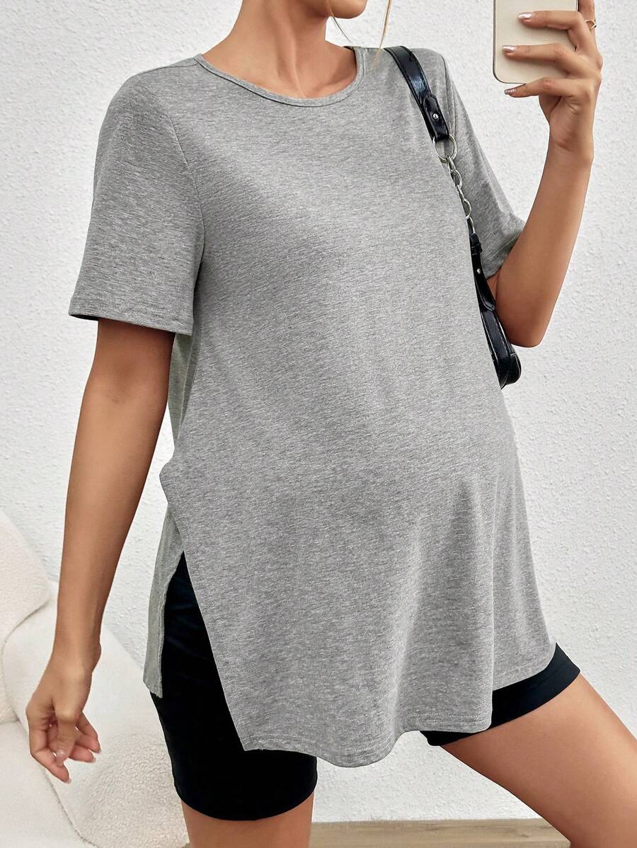 SHEIN 孕婦側開衩圓領t卹 - 深灰色 - 查看 1