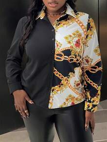 Slaydiva Camisa De Talla Grande Para Mujer Con Estampado De Cadenas Y Bloques De Color - Negro - Ver 5