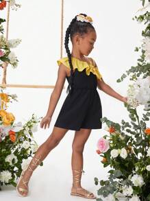 SHEIN Young Girl Dreamy Princess Style Woven Color Block Asymmetric Shoulder Ruffle Edge Romper - Black - View 5