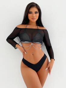 SHEIN Swim 链条装饰透明网眼分体比基尼套装，三件套夏季海滩 - 黑色 - 查看 5