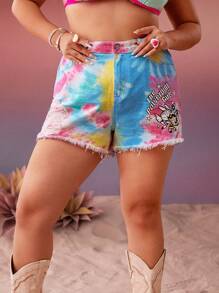THE POWERPUFF GIRLS X SHEIN 加大碼卡通和扎染印花毛邊牛仔短褲 - 彩色 - 查看 7