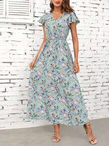 SHEIN Clasi 女士花卉印花盖袖迷你夏季长连衣裙 - 彩色 - 查看 5