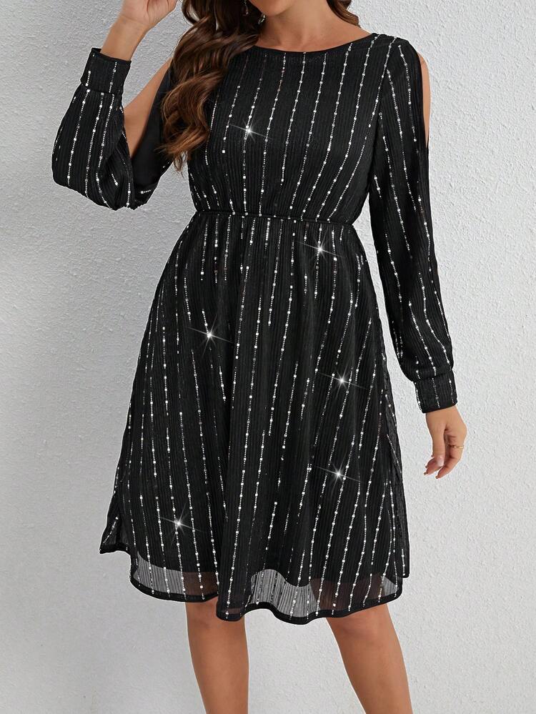 Ladies Silver Foil Open Shoulder Dress