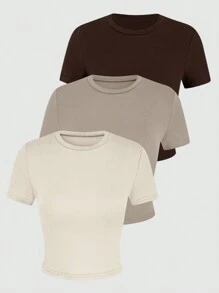 Comfortcana 3入組基本款實色圓領短袖緊身t卹,不同色彩可選 - 彩色 - 查看 4