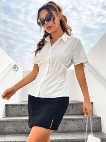 SHEIN Unity Slim Fit Short Sleeve Shirt With Pleats And Waist Cinching - White - View 5