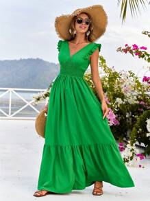 SHEIN VCAY Women's Plain Deep V-Neck Shirred Green Dress - Green - View 3