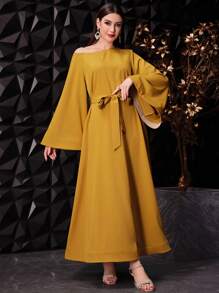 Modelyn Women's Asymmetrical Shoulder Flare Sleeve Belted Dress,Elegant Evening Party Dress Long Evening Dresses
