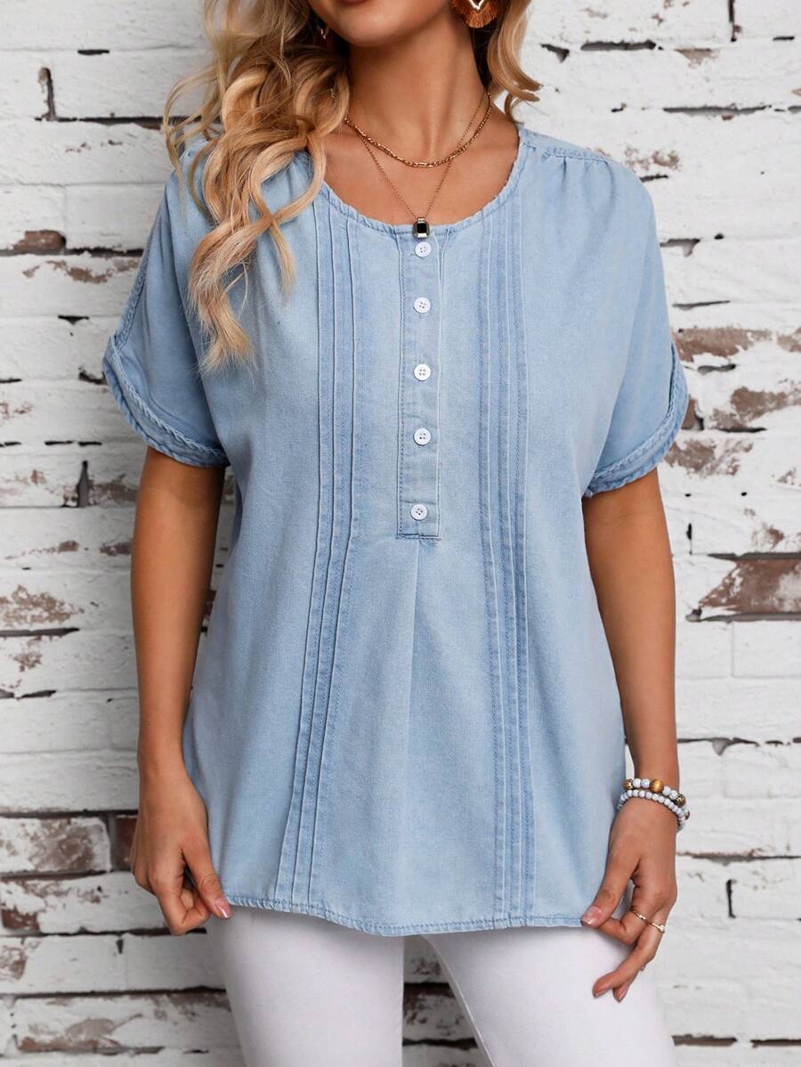 SHEIN LUNE Button-Down Half-Placket Round Neck Casual Denim Top - Blue - View 1