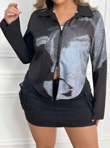 SHEIN Essnce Women's Plus Size Black/Blue Designer Inspired Long Sleeve Double-Zipper Blouse For Spring/Summer - Multicolor - View 6