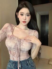 DAZY 女士百褶短袖t恤上衣 - 粉色 - 查看 9