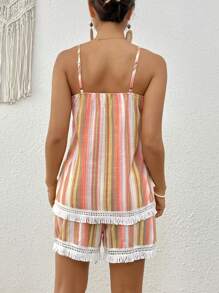 SHEIN VCAY Women's Striped Patchwork Fringe Detail Cami Top And Shorts Set