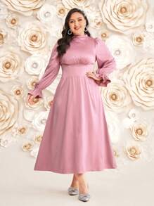 Modelyn 1 pieza Vestido de noche de talla grande con cuello de embudo y mangas con volantes - Rosa vieja - Ver 8