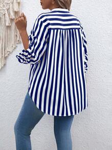 Calvaya Plus Size Striped Shirt With Notched Collar And Rolled-Up Sleeves, Summer - Multicolor - View 2