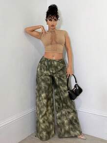 SHEIN BAE Solid Color Distressed Hollow Out Tight Khaki Top, Spring/Summer Clothing, Music Festival/Carnival/Daily/Streetwear Outfits