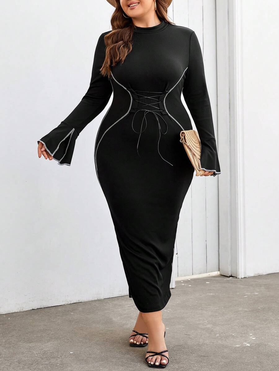 Seusyu 大喇叭袖提臀緊身連身裙 - 黑色 - 查看 1