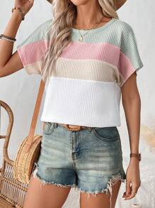 SHEIN LUNE Women's Casual Crew Neck Drop Shoulder Colorblock Splice Fresh Contrast T-Shirt, Suitable For Summer Vacation - Multicolor - View 6