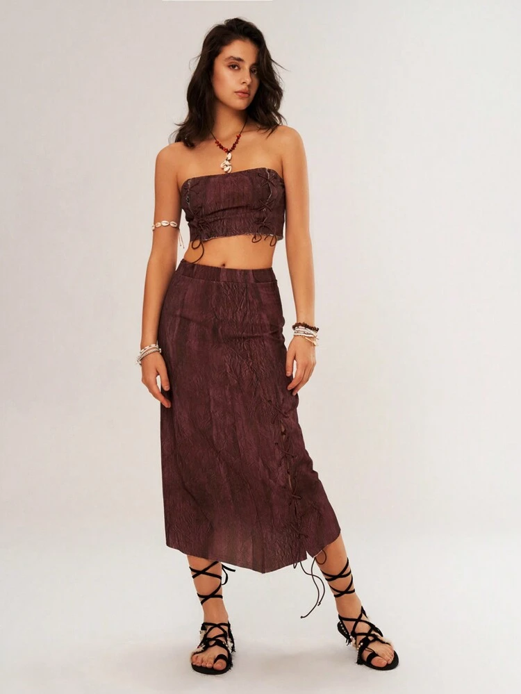 Vacation Style Women's Tie Dye Bandeau Top And Skirt Set