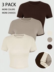 Comfortcana 3入組基本款實色圓領短袖緊身t卹,不同色彩可選 - 彩色 - 查看 5