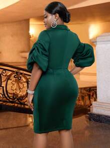 Plus Size Summer Elegant Solid Color Collar Ruched Sleeve Fitted Bodycon Dress - Green - View 3