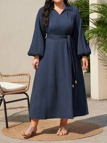 Seusyu Kích thước lớn Của phụ nữ Màu thuần Tay áo lồng đèn Ả Rập Quần áo - Màu xanh hải quân - Xem 8