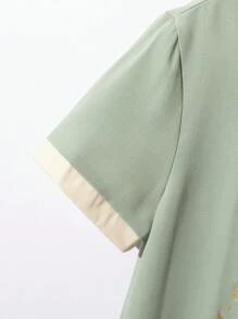 SHEIN 青少年男孩休闲立领短袖衬衫和短裤套装（中国风） - 綠色 - 查看 4