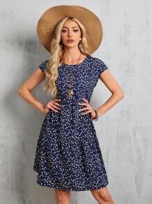 EMERY ROSE Vestido midi azul de manga corta y manga murciélago con estampado floral para mujer, vestidos de verano para mujeres