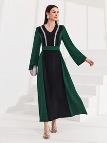 Al Najma Color Block Weaving Belt Patchwork Flare Sleeve Dress