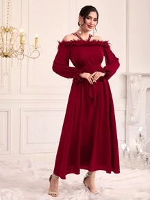 Modelyn 勃艮第红色女士露肩拼接紧身连衣裙长款晚礼服 - 酒紅色 - 查看 4