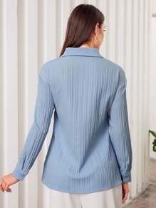 Camisa De Manga Larga Con Textura De Color Sólido - Azul - Ver 2