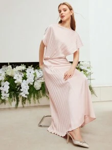 MOTF PREMIUM WOVEN WOMEN'S SOLID PLEATED BATWING SLEEVE DRESS WEDDING GUEST DRESS WOMEN - Pink - View 4