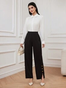 Mulvari Women's Wide Leg Pants With Buttoned Cuffs - Black - View 5