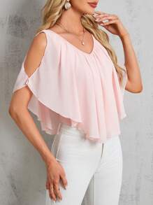 SHEIN Clasi Camiseta De Hombro Frío Y Plisado De Color Solido Para Mujeres - Rosa - Ver 4