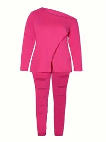 Set de 2 piezas con top con cuello asimétrico y bajo con abertura talla grande talla y pantalones rotos para mujer - Rosa Fucsia - Ver 3