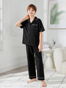 SHEIN 2pcs/Set Tween Boys' Casual Solid Color Knitted Short Sleeve Shirt And Pants Homewear With Collar - Black - View 3