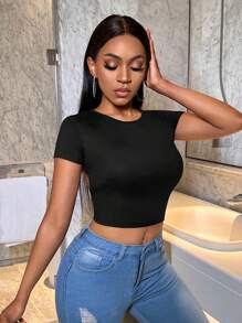 BamGleam Camiseta Entallada Sin Espalda Para Mujer - Negro - Ver 4