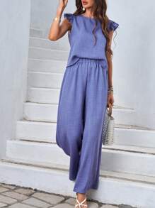 SHEIN LUNE 两件套后背带纽扣盖袖上衣 - 藍色 - 查看 1