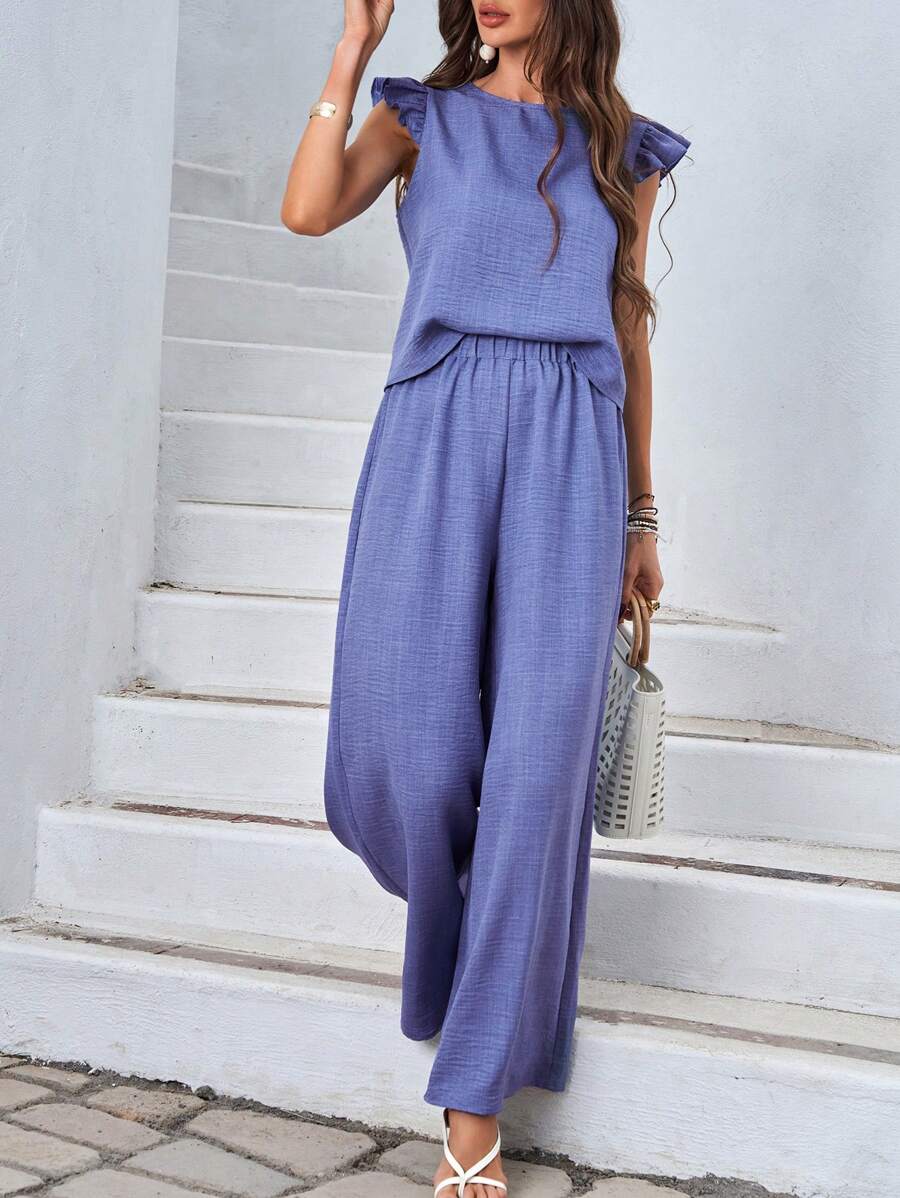 SHEIN LUNE 两件套后背带纽扣盖袖上衣 - 藍色 - 查看 1