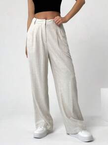 SHEIN EZwear Pantalones De Mujer Rectos De Diseño De Bolsillo De Un Solo Color