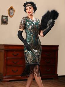 Vestido vintage de fiesta con lentejuelas, vestido de cóctel brillante con flecos estilo años 20, vestido de gala para boda - Verde Oscuro - Ver 3