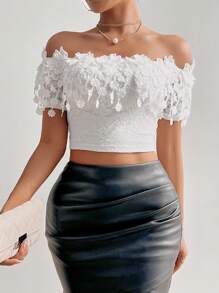 SHEIN Privé Ren Off Shoulder Sọc Áo - trắng - Xem 6