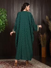 Al Najma Ladies' Turkish Long Shirt With Patchwork Woven Ribbon And Hot Stamping Batwing Sleeves Kaftan Jalabiya Dress - Dark Green - View 2