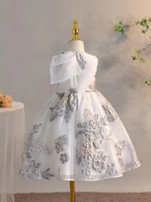 SHEIN Young Girl Leisure Round Neck Bow Decor & Bowknot Print Patchwork Dress - White - View 3