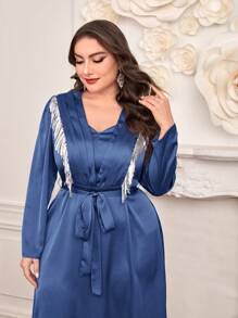 Modelyn Plus Size Color Block Sequin Tassel Decorated Long Sleeve Belted Dress - Blue - View 4