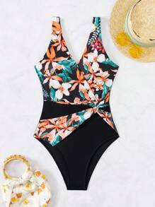 SHEIN Swim Summer Floral Patchwork Print One-Piece Swimsuit With V-Neck