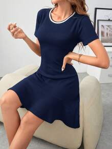 SHEIN Frenchy 女士圓領休閒荷葉邊時尚連衣裙 - 藏蓝色 - 查看 6