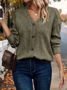 SHEIN LUNE V領釦前垂肩長袖t恤 - 綠色 - 查看 1