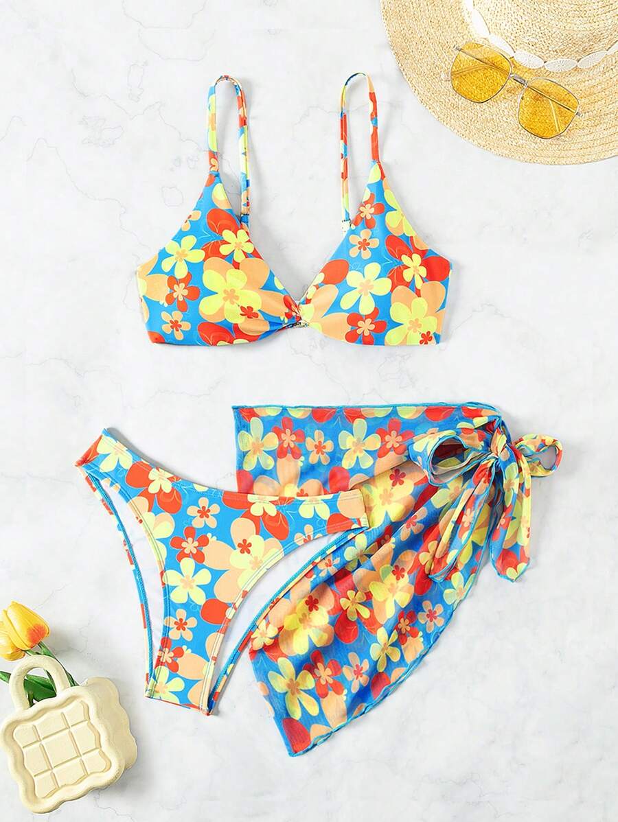 SHEIN Swim Bộ bikini in hoa dành cho nữ kèm váy và áo ba mảnh mùa hè - Nhiều màu - Xem 1