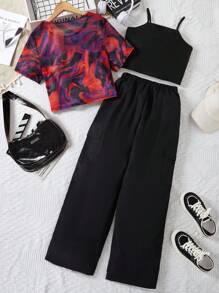 SHEIN 少女紮染 T 卹純色吊帶背心直筒褲套裝 - 黑色 - 查看 2