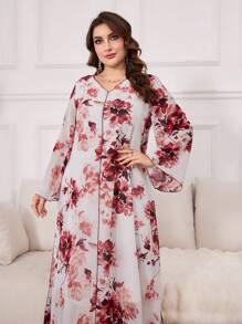 Al Najma Plus Size Women's Floral Print Modest Long Sleeve A-Line Abaya Dress, Chiffon Elegant Maxi Jalabiya